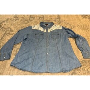BRIT & BRIDLE Shirt Woman's Western Lace Blue Long Sleeve Snap Up‎ Sz XXL 2XL